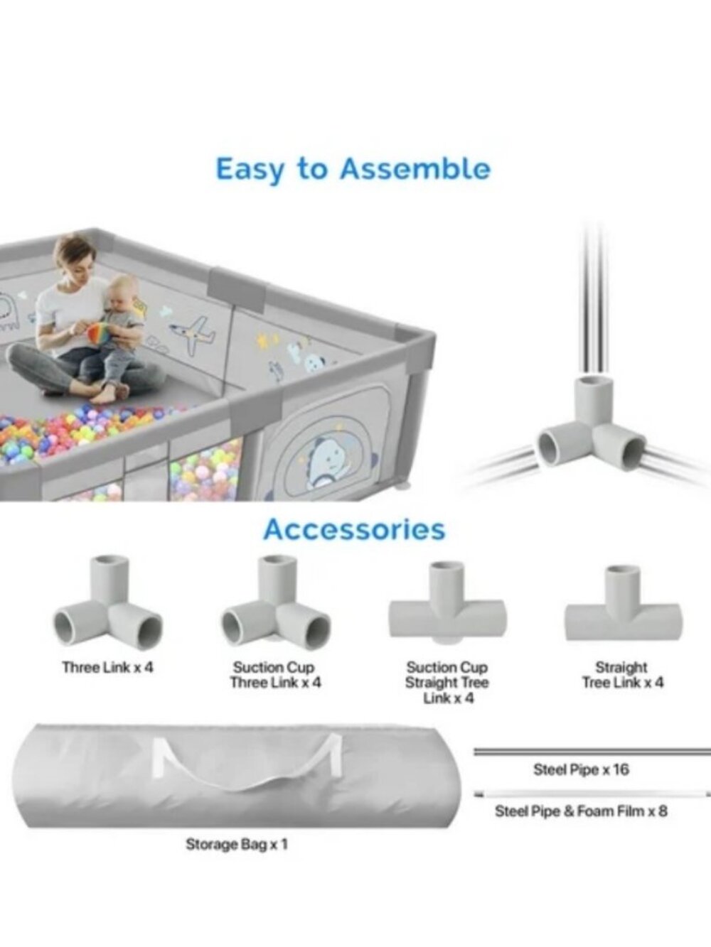 TEAYINGDE Baby Playpen Large Play Yard Fence for Toddlers,47"x47" Gray Dinosaur - Picture 2 of 5